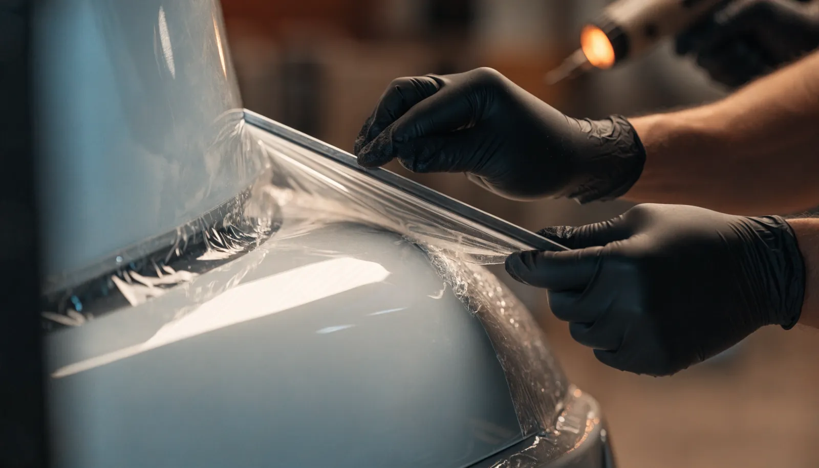 Gloved hands working a sheet of clear protective film around the curved corner of a painted front bumper