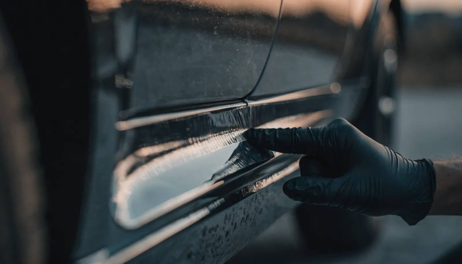 close-up of dual-action polisher working on dark car paint
