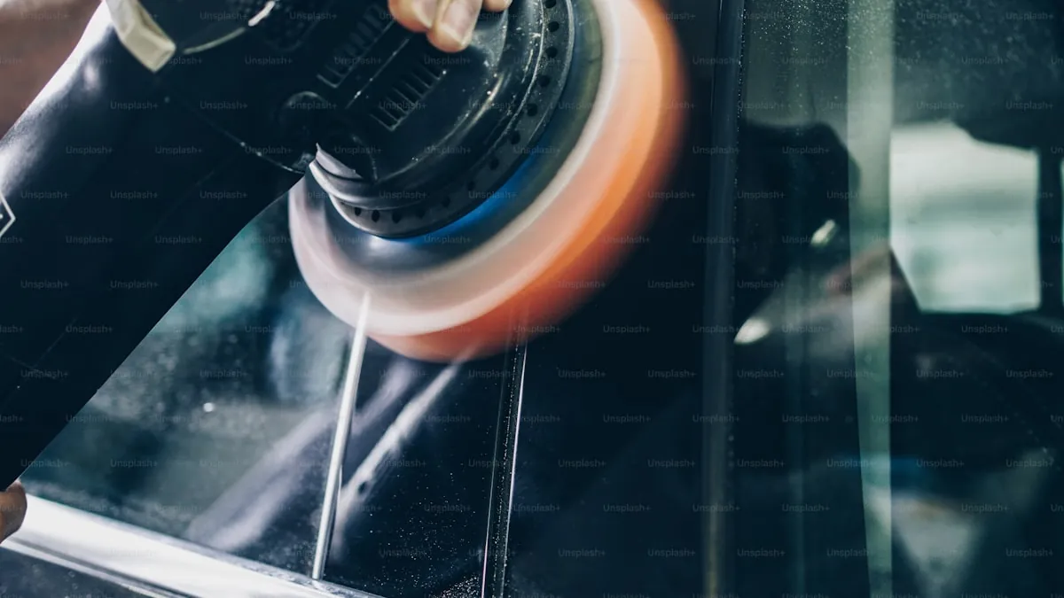 Silver metallic car under LED inspection lights showing paint correction results