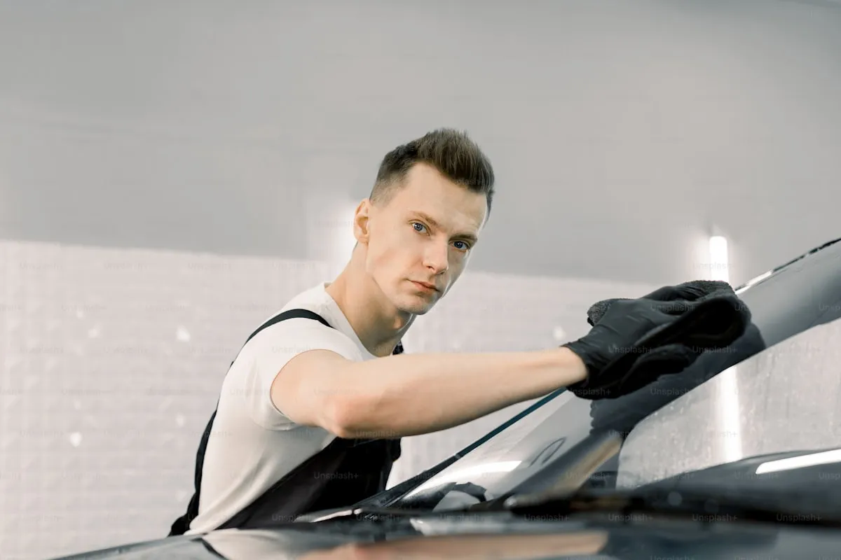 Technician machine polishing a dark vehicle panel under bright shop lighting